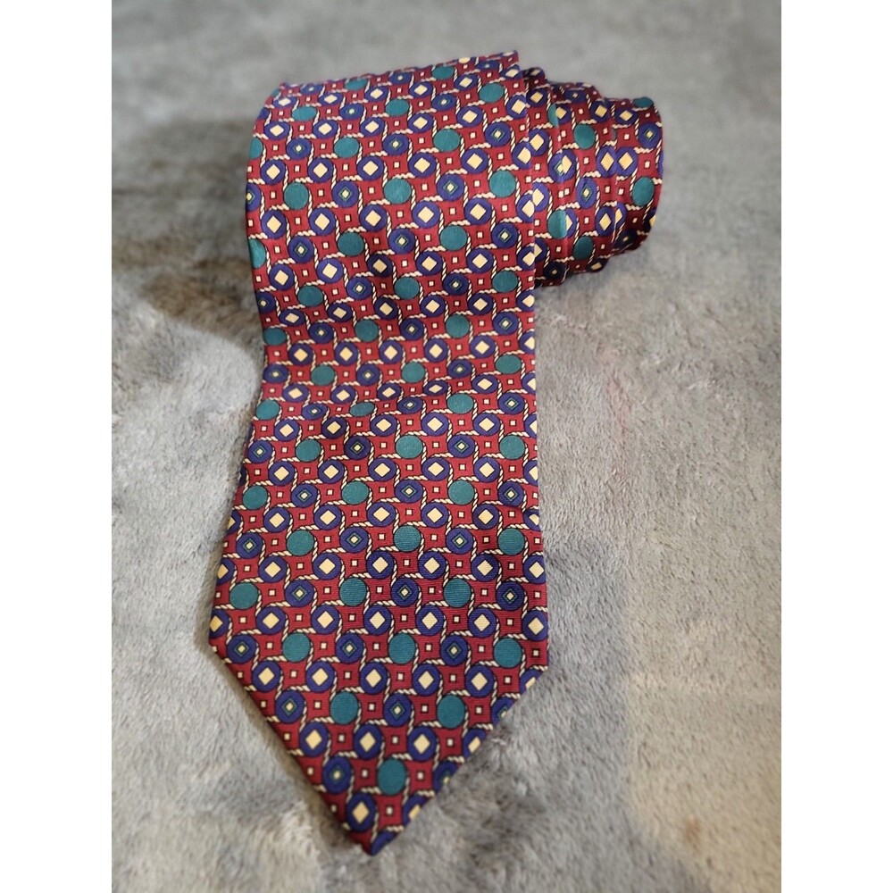 Christian Dior Monsieur Silk Tie Red /Multicolor Geometric Pattern Mens Vintage